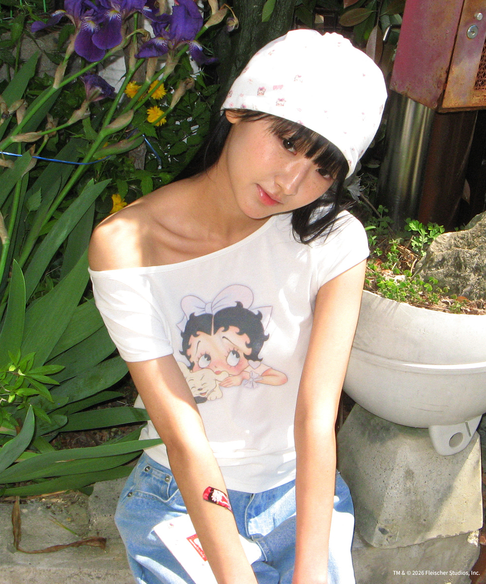 【韓國正品】RONRON｜BETTY BOOP RIBBON BOAT NECK T-SHIRT [WHITE]