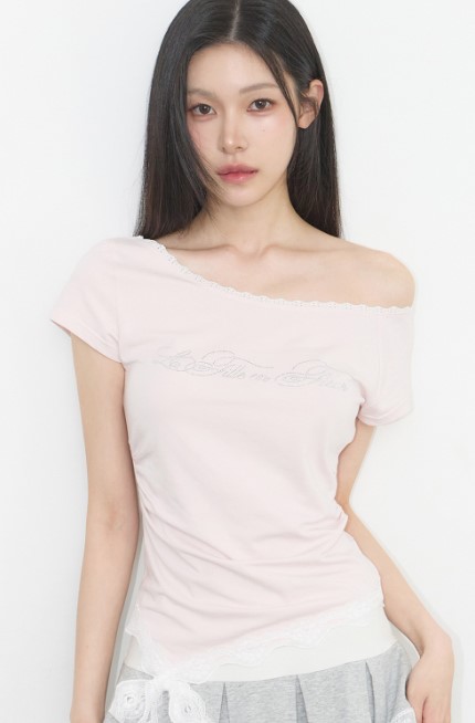 ILLIGO 蕾絲斜肩抓褶上衣-3色